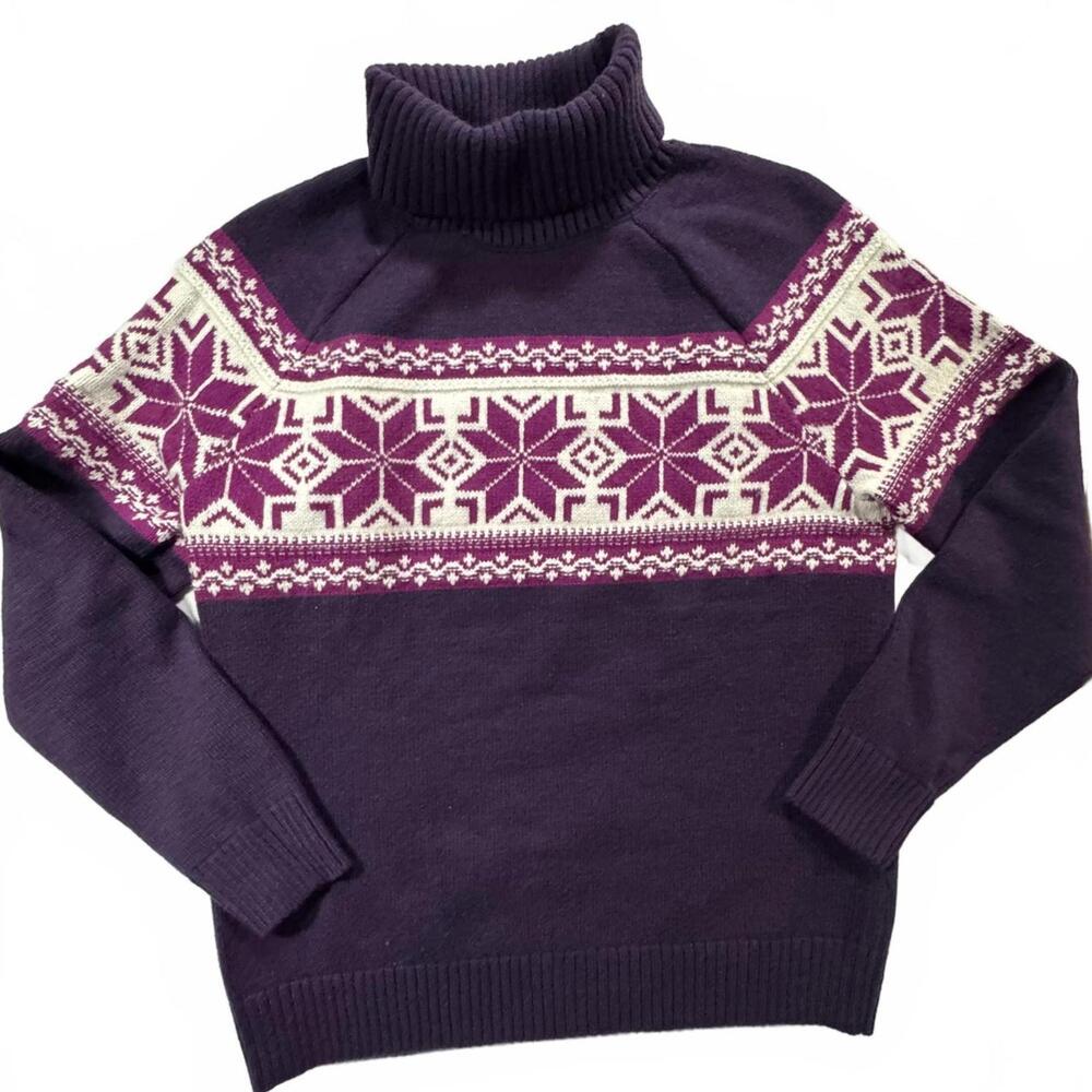 Lands'‎ End Fair Isle Sweater Med 10-12 Snowflake Turtleneck Purple Ski Holiday
